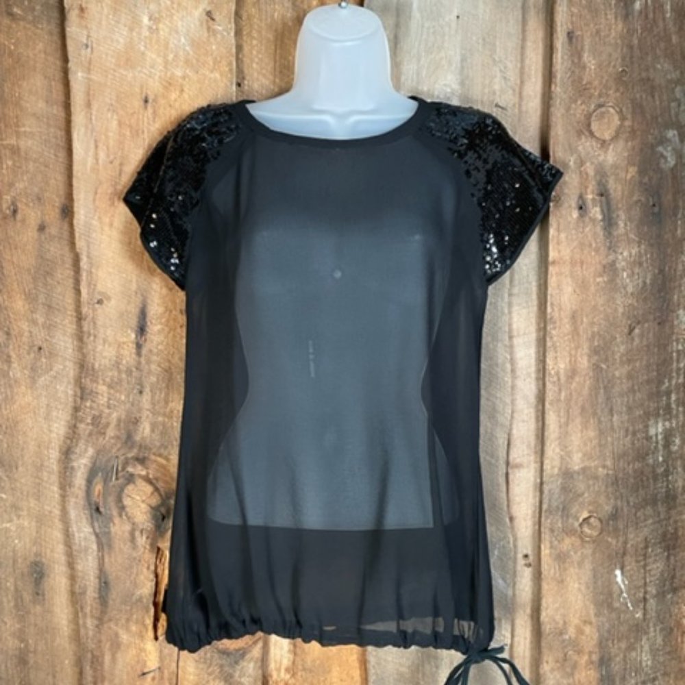 Fun & Flirt Sheer Top with Sequin Sleeves and Gathered Bottom - Size Small